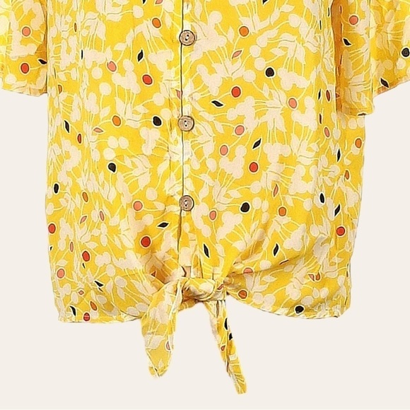 ๐บ W5 Yellow Floral Boho Tie Front Summer Button Down Blouse Size S - Picture 5 of 9